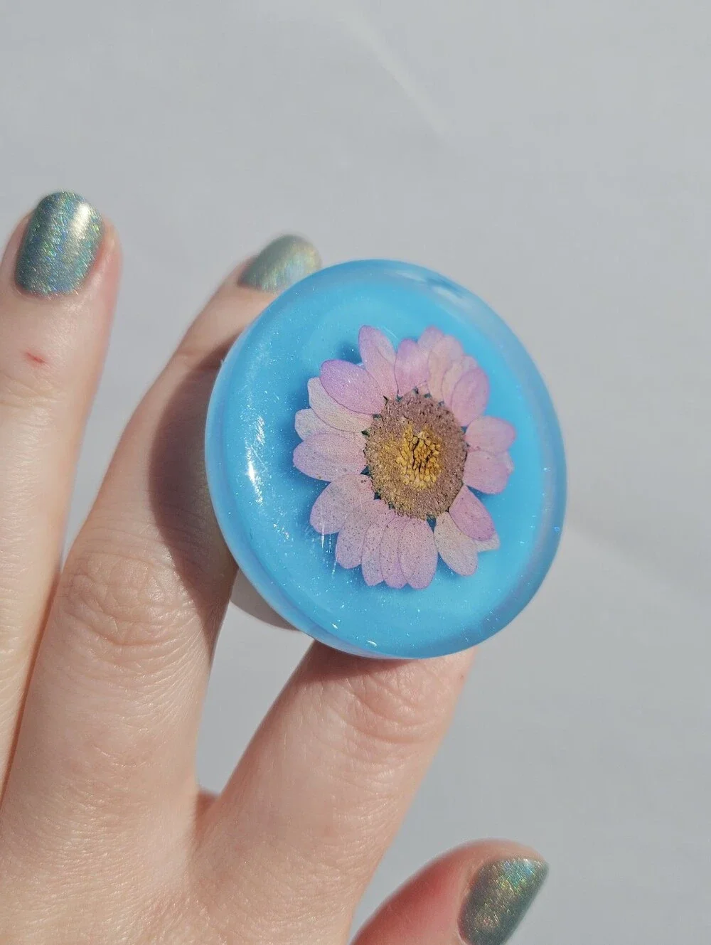 Handmade Blue Glow in the Dark Purple Flower Resin Phone Grip Cute Whimsical